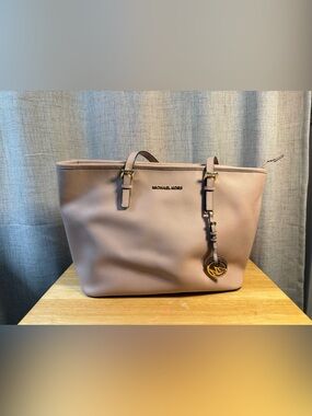 Michael Kors Blush Pink Leather Tote with Gold Logo Charm